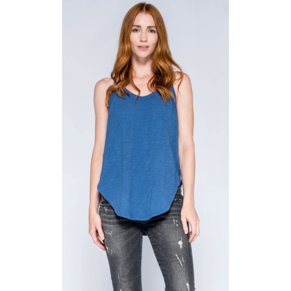 Wilt Women's Basic Sleeveless Shrunken Shirttail Blue 100% Cotton Tank Size XS